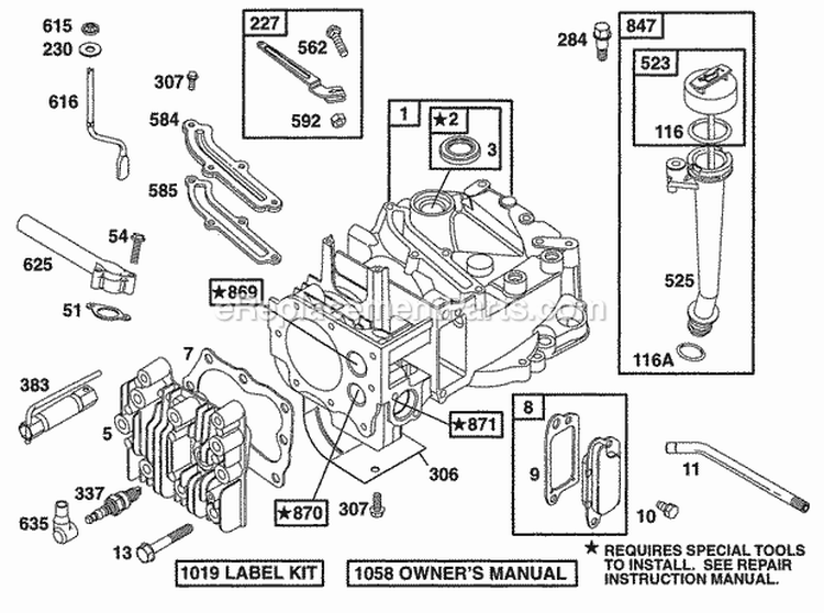 Cylinder Head Oil Fill Diagram and Parts List for 12S802-0844-01  Briggs and Stratton Engine